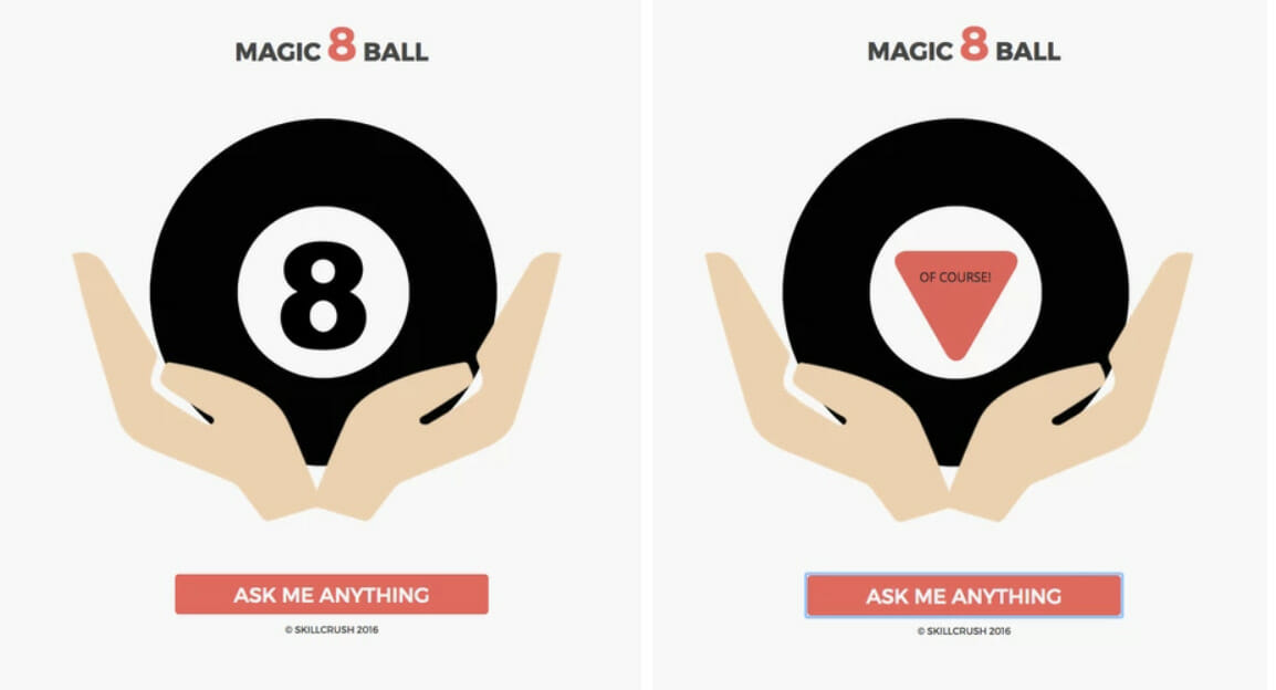 Magic 8 Ball with hands on a light pink background