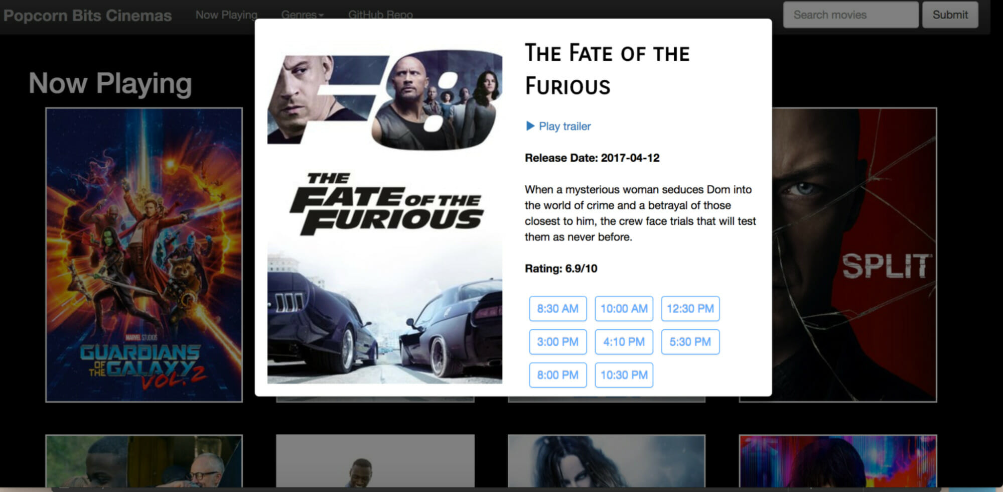 Window with the poster for The Fate of the Furious and movie times