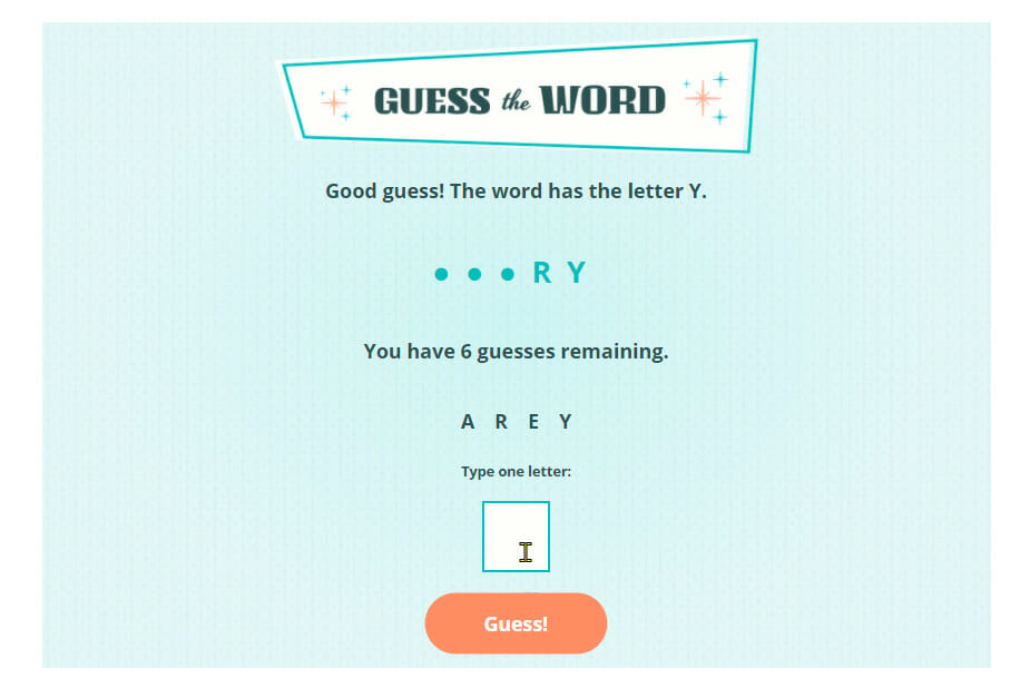 Guess the Word in a white box with light blue background and an orange Guess button