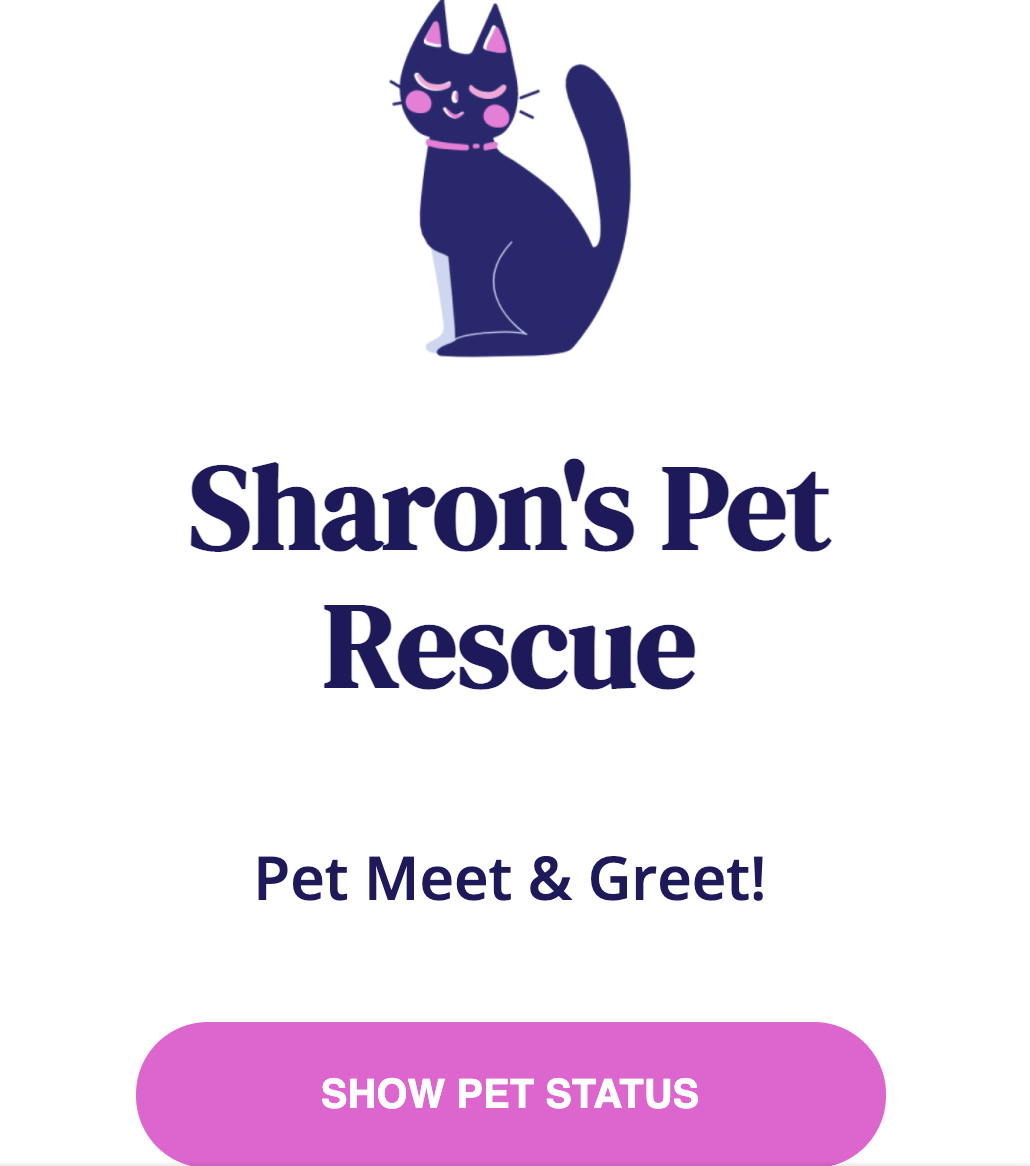 "Sharon's Pet Rescue" text with light purple button and cat image on a white background