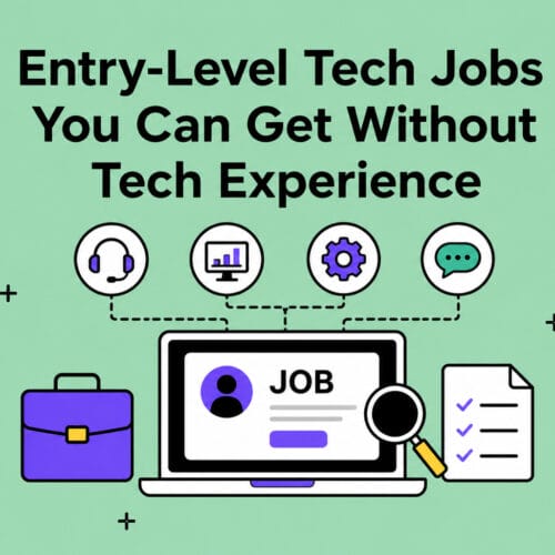 Illustration titled "Entry-Level Tech Jobs You Can Get Without Tech Experience" featuring a laptop displaying a job listing, a magnifying glass, checklist, briefcase, and icons representing customer support, data analysis, technical skills, and communication. The design uses a mint green background with modern vector graphics to highlight entry-level technology career opportunities for beginners.