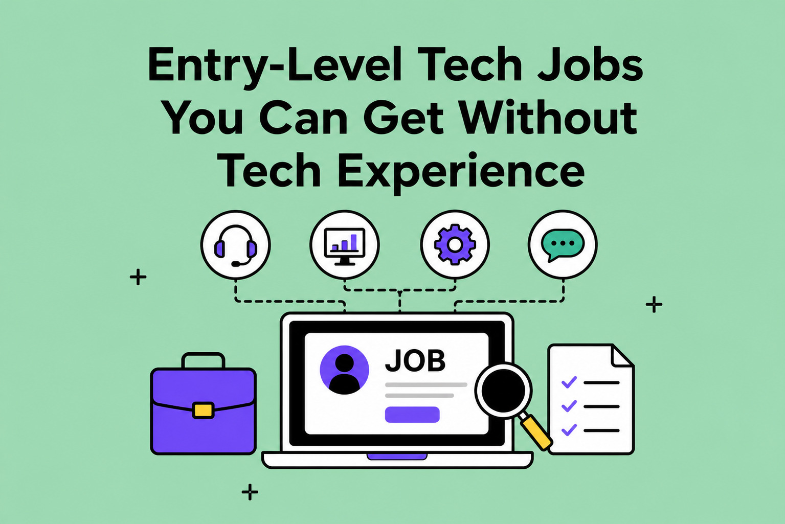 Illustration titled "Entry-Level Tech Jobs You Can Get Without Tech Experience" featuring a laptop displaying a job listing, a magnifying glass, checklist, briefcase, and icons representing customer support, data analysis, technical skills, and communication. The design uses a mint green background with modern vector graphics to highlight entry-level technology career opportunities for beginners.