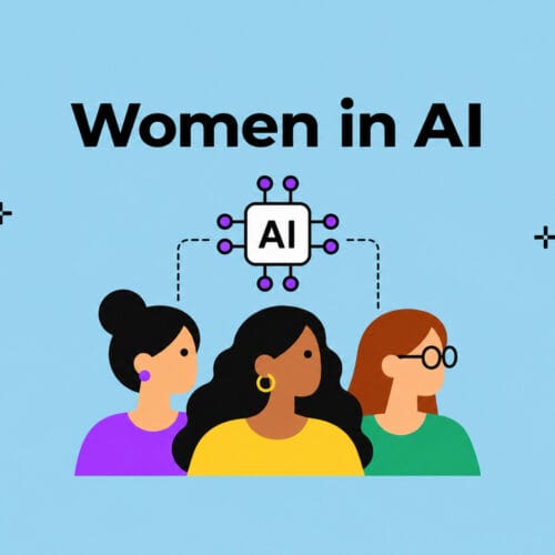 Illustration of three women representing careers in AI, connected to an AI technology icon.