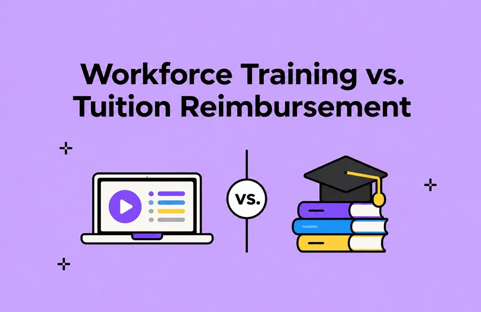 Illustration comparing workforce training and tuition reimbursement, featuring an online learning laptop and a stack of books with a graduation cap on a purple background.